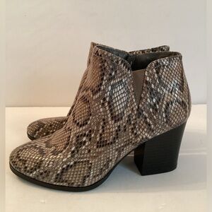 New Directions Faux Snake Neutral Tones Ankle Boot with Chunk Heel